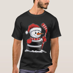Lustiger Eishockey-Schneemann-Santa-Hut-Weihnachts T-Shirt
