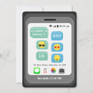Lustiger Emoji-Textnachrichten-Kindergeburtstagsfe Einladung