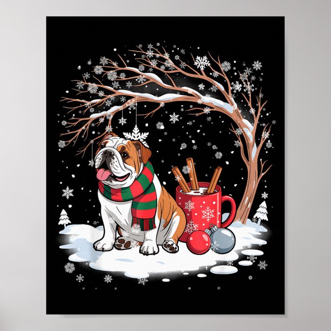 Lustiger englischer Bulldogge im Schnee Baum Weihn Poster (Vorne)