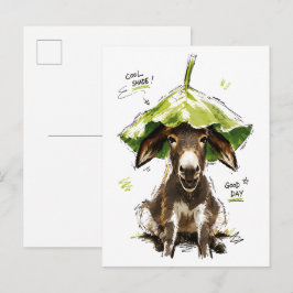 Lustiger Esel mit Blatthut an einem kühlen Schatte Postkarte