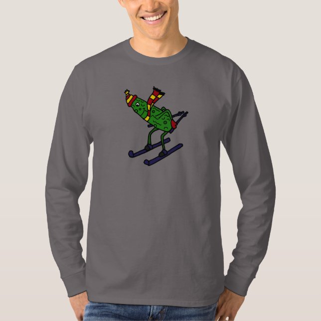 Lustiger Essiggurken-Skifahren-Cartoon T-Shirt (Vorderseite)