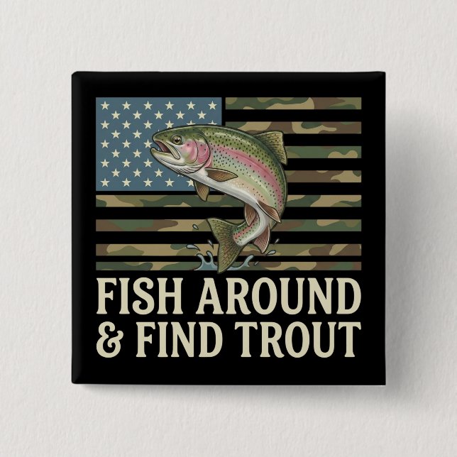 Lustiger Fisch herum und finde Forelle Amerikanisc Button (Vorderseite)