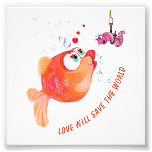 Lustiger Fisch und Wurm Liebe Romantische Cartoon- Fotodruck