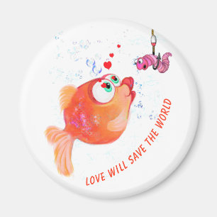 Lustiger Fisch und Wurm Liebe Romantische Cartoon- Magnet