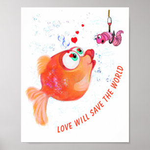 Lustiger Fisch und Wurm Liebesposter Romantisch Poster