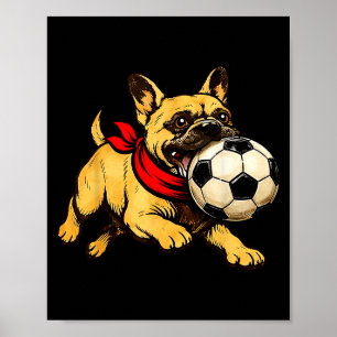 Lustiger französischer Bulldoggenhund spielt Fußba Poster