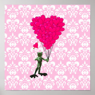 Lustiger Frosch-Cartoon & rosa Herz auf Damast Poster