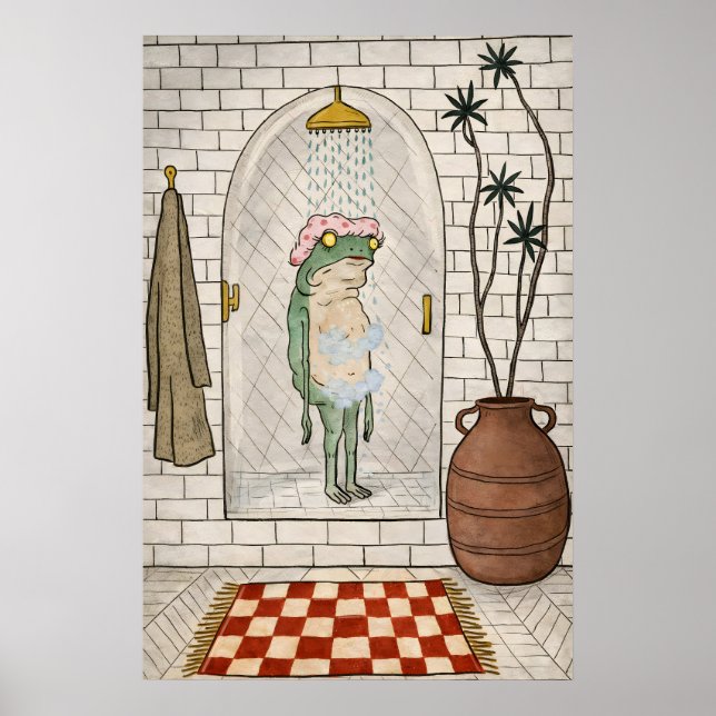 Lustiger Frosch-Duschposter, Retro-Whimsical-Badez Poster (Vorne)