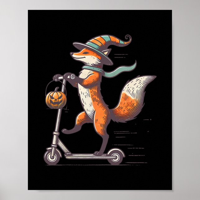 Lustiger Fuchs fährt auf Scooter Fall-Kürbis Hallo Poster (Vorne)