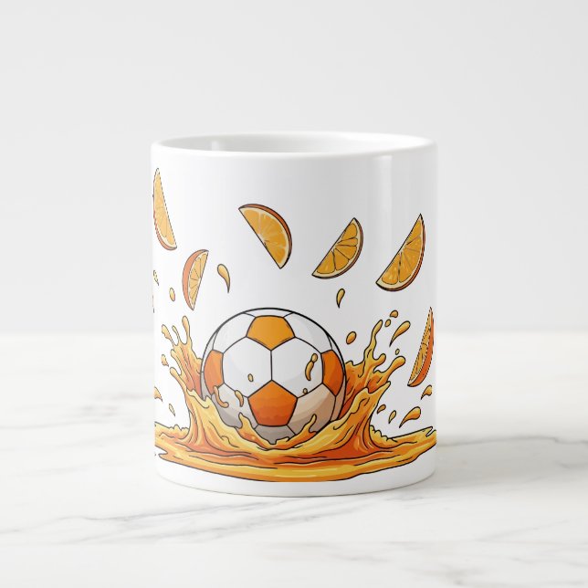 Lustiger Fußball Orange Splash Kaffeebecher Jumbo-Tasse (Vorderseite)