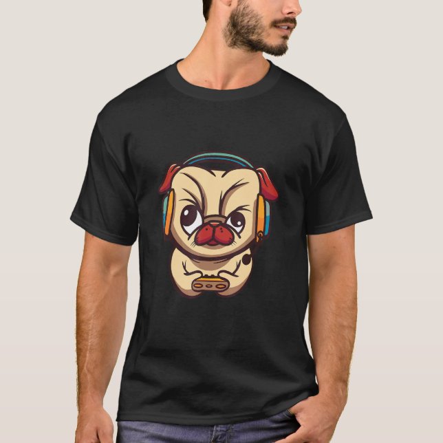 Lustiger Gamer-Mops-Hund T-Shirt (Vorderseite)