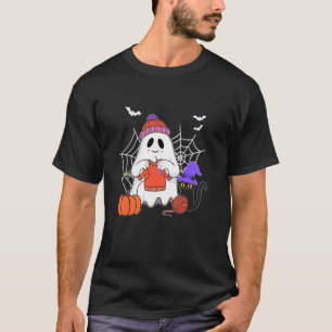 Lustiger Geist häkelt schwarze Katze Halloween T-Shirt