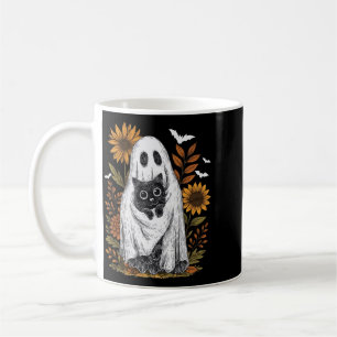 Lustiger Geist hält schwarze Halloween-Katze Geist Kaffeetasse