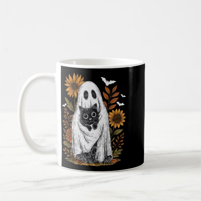 Lustiger Geist hält schwarze Halloween-Katze Geist Kaffeetasse (Links)