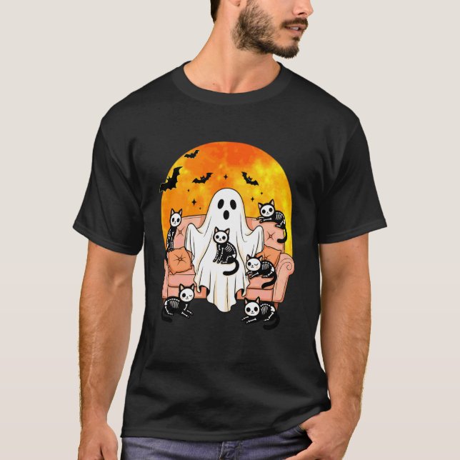 Lustiger Geist mit Skelettkatzen Röntgen-Halloween T-Shirt (Vorderseite)