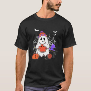 Lustiger Geist strickt schwarze Katze Halloween T-Shirt