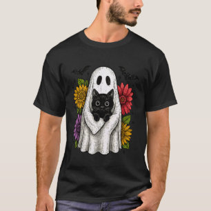 Lustiger Geist und schwarze Katze Halloween-Blumen T-Shirt