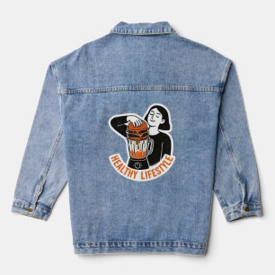 Lustiger gesunder Lifestyle-Burger-Mixer-Linolschn Jeansjacke