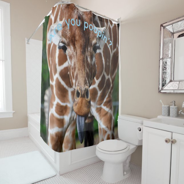 Lustiger Giraffe-Duschvorhang „Kackst du?“ –  Duschvorhang (Beispiel)