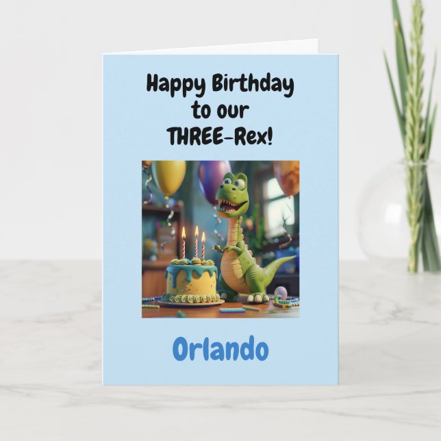Lustiger glücklicher 3. Geburtstag Junge, Dino, Pe Karte (Vorderseite)
