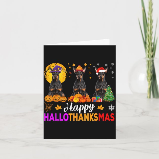Lustiger glücklicher Hallothanksmas Dobermann Hund Karte (Vorderseite)