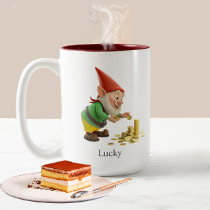 Lustiger Gnom, Goldmünzen, Kalligrafie & Monogramm Zweifarbige Tasse