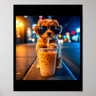 Lustiger Goldendoodle, der eisgekühlten Kaffee tri Poster