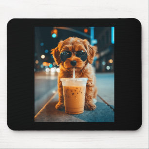 Lustiger Goldendoodle trinkt Eiskaffee Tier-Meme Mousepad