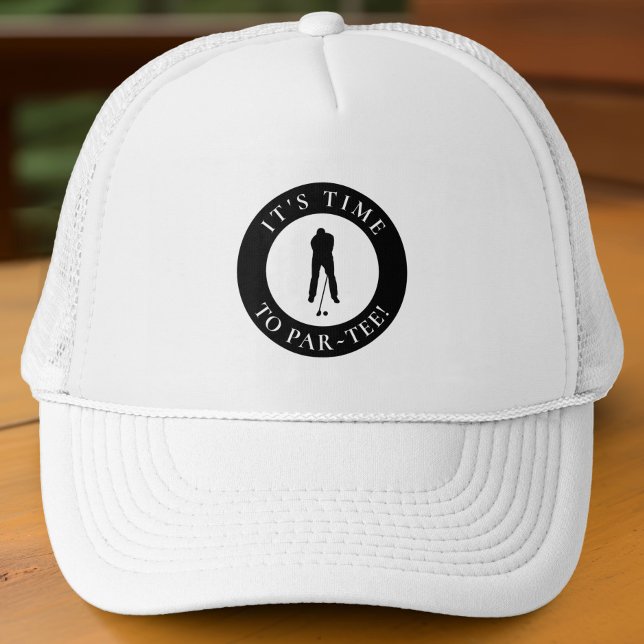 Lustiger Golfspieler für ihn zum Tee Abschlag Zeit Truckerkappe (Black mesh hat with Par-Tee golfer logo—fun, bold, and perfect for tournaments or gifting.)