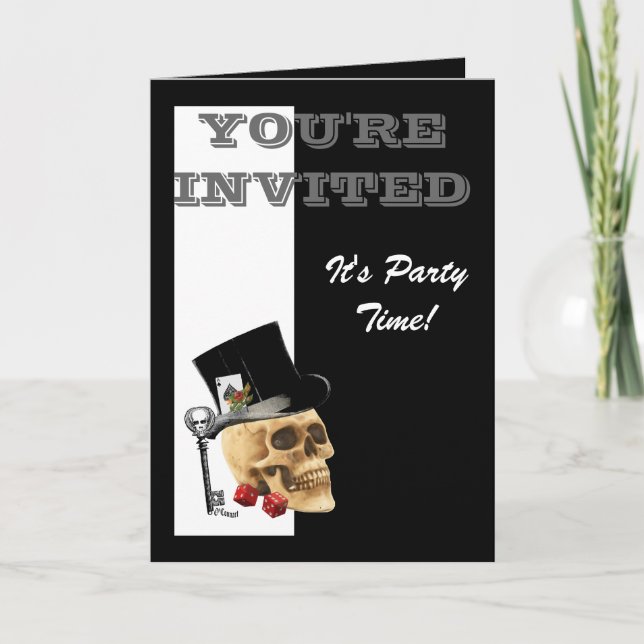 Lustiger gotischer Steampunk spielender Schädel Einladung (Vorderseite)