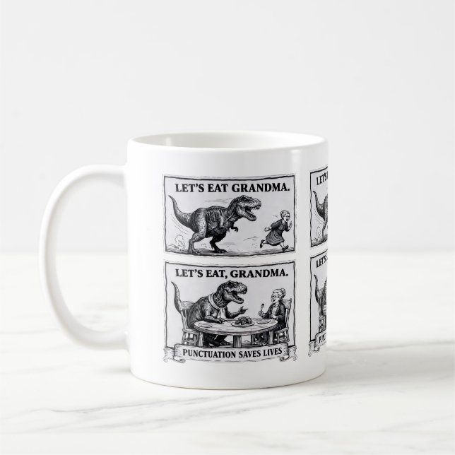 ☕ Lustiger Grammatik-Becher – „Lasst uns essen, Om Kaffeetasse (Links)