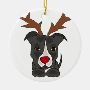 Lustiger grauer Pitbull Hund als Weihnachtsren Keramik Ornament