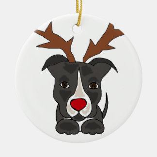 Lustiger grauer Pitbull Hund als Weihnachtsren Keramik Ornament