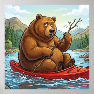 Lustiger Grizzlybär in einem Kajak-Cartoon Poster
