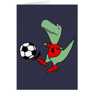 Lustiger grüner T-rex Dinosaurier, der Fußball