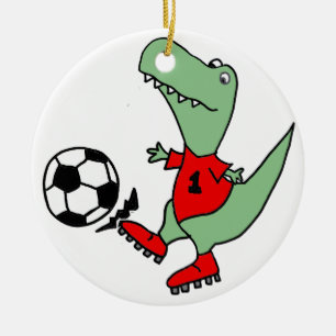 Lustiger grüner T-rex Dinosaurier, der Fußball Keramik Ornament