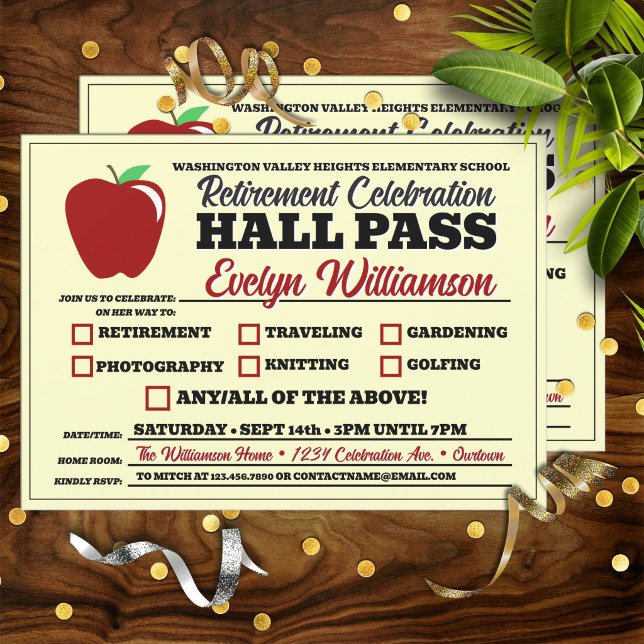 Lustiger Hall-Pass-Lehrerruhestandsfeier Einladung (Von Creator hochgeladen)