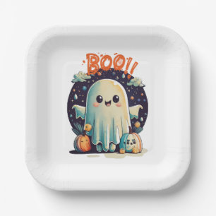 Lustiger Halloween-Geist Boo in der Galaxie Pappteller