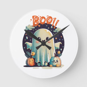 Lustiger Halloween-Geist Boo in der Galaxie Runde Wanduhr