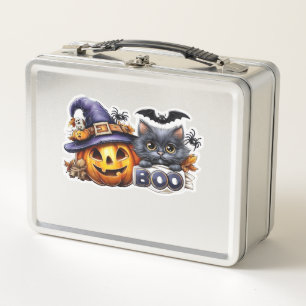Lustiger Halloween-Katzen-Aufkleber Hexenhut, Kürb Metall Brotdose
