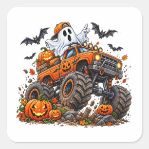 Lustiger Halloween-Monster-Truck-Kürbis-Geist-Fahr Quadratischer Aufkleber