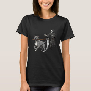 Lustiger Halloween Pitbull Hund und der Sensenmann T-Shirt
