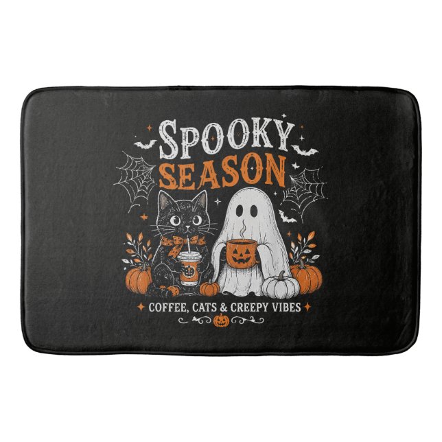 Lustiger Halloween-Schwarzer-Kater-und-Geist-Kaffe Badematte (Vorderseite)