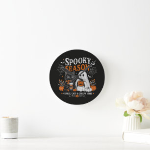 Lustiger Halloween-Schwarzer-Kater-und-Geist-Kaffe Runde Wanduhr