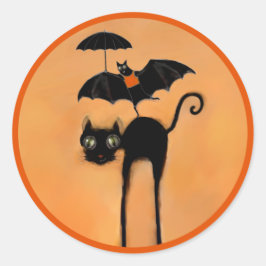 Lustiger Halloween-Schwarzer-Katze-und-Fledermaus Runder Aufkleber