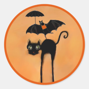 Lustiger Halloween-Schwarzer-Katze-und-Fledermaus Runder Aufkleber