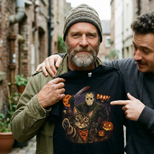 Lustiger Halloween-Selfie-Katze & Jason Voorhees  T-Shirt
