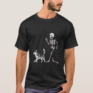 Lustiger Halloween Sibirischer Husky und Skelett T-Shirt
