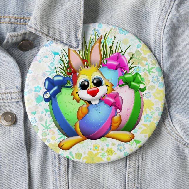 Lustiger Hase beißt in ein Osterei Button (Beispiel)