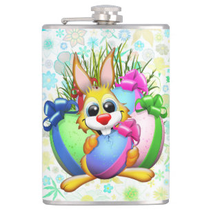 Lustiger Hase beißt in ein Osterei Flachmann